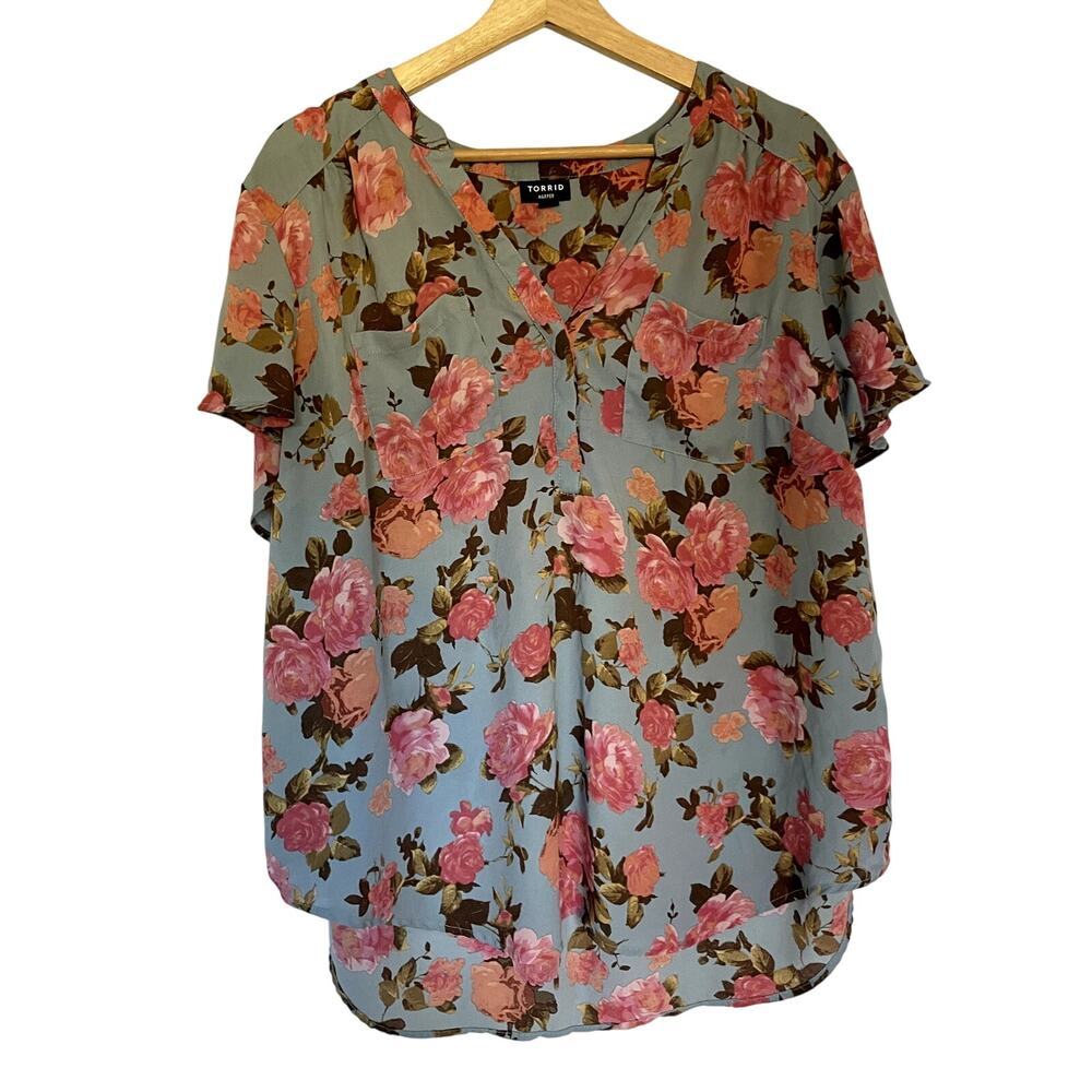 Torrid harper blue pink floral v-neck blouse button down shirt women' size 1X
